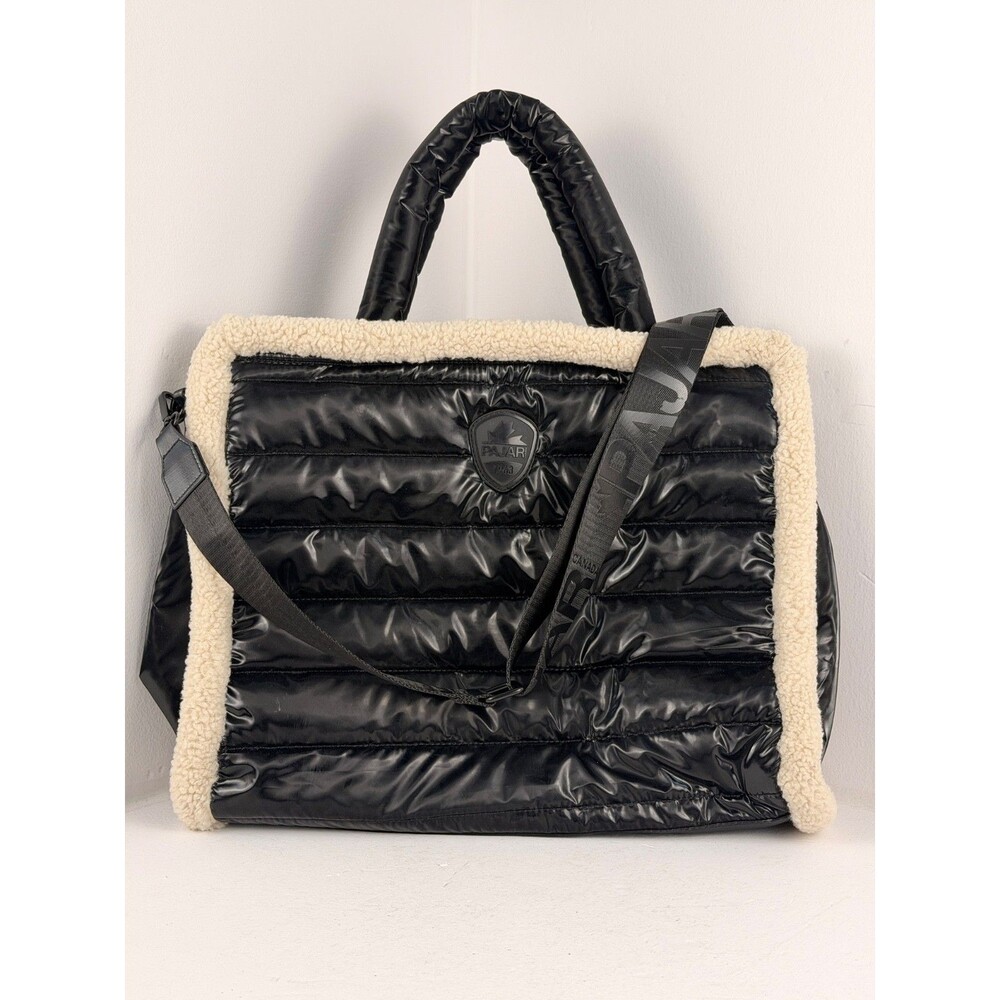 Pajar Canada Black Quilted Puffer Tote Bag Sherpa Trim 13x15.5x5.5 Travel Bag